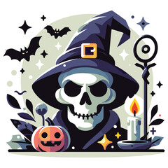 Halloween skull in witch hat with pumpkin, colorful vector illustration, spooky holiday decor