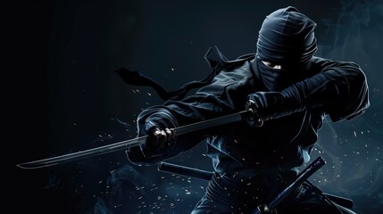 Naklejka premium Stealthy Ninja Warrior in Action with Katana at Night.