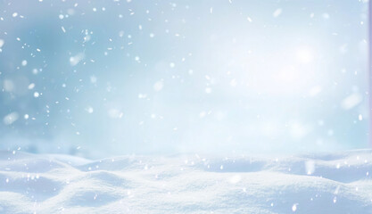 Winter Christmas natural snow background. Soft snowflakes falling on snowdrifts. Beautiful atmospheric lighting.