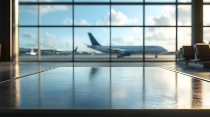 Close-up of an empty table in an airport background for product display presentation template design