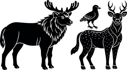 Hand drawn animals silhouette set illustration