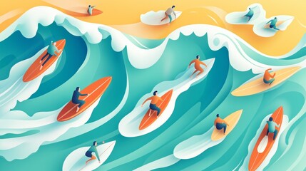 Obraz premium Surfers riding a large wave at sunset, dynamic ocean scene with vibrant colors and motion.