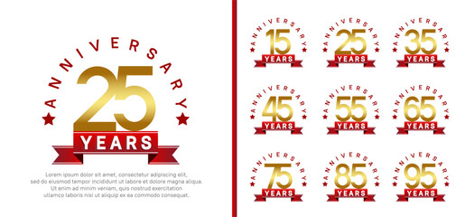 anniversary set logotype. vector design golden color with red ribbon can be use for celebration