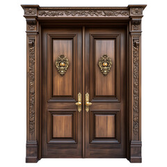 A classic wooden door with ornate brass handles isolated on transparent background