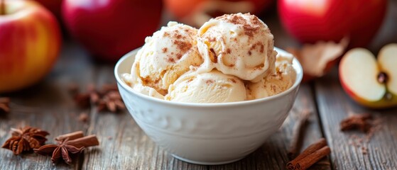 Delicious apple pie ice cream served in a bowl, surrounded by fresh apples and spices, perfect for dessert lovers.
