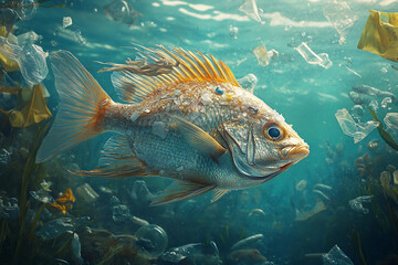 Fototapeta premium Sea fish swims littered with plastic waste. Ocean pollution.