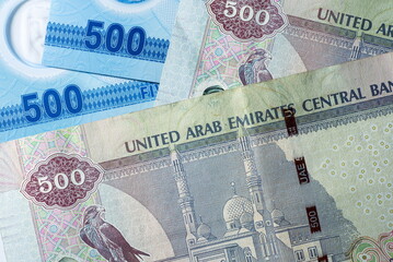 Close up Dirhams currency with new design Notes, AED, Bank notes and coins, United Arab Emirates