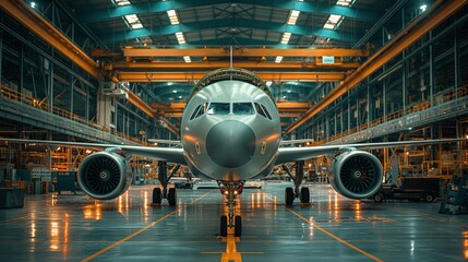 Industrial Hangar with Airplane for Maintenance Check. Airplane stationed in an industrial hangar for a maintenance check, showcasing the scale and complexity of aviation engineering.