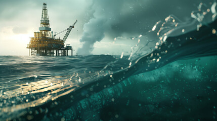 Offshore oil rig amidst turbulent sea during twilight.