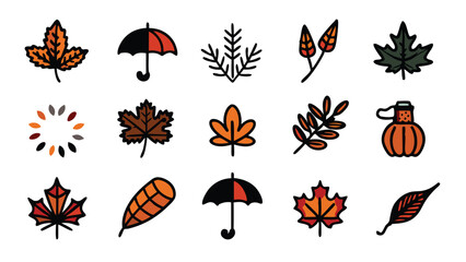 Doodle vector set of autumn leaves, branches, an umbrella, and a pumpkin.