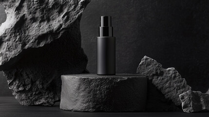 black plastic skincare brand spray bottle on black background shadow blank label mockup masculine hair care product photography branding