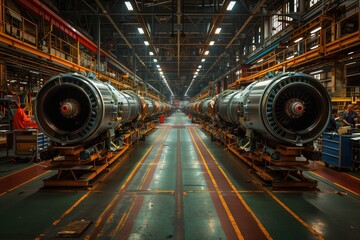 Fototapeta premium Large Aircraft Engine Components in Factory Setting. Rows of large aircraft engine components lined up in a factory setting, illustrating the scale and precision involved in aerospace engineering.