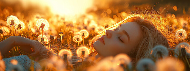A breathtaking scene of a woman enjoying the golden hour in a field of dandelions. Ideal for commercial projects related to travel, tourism, or nature-based products and services.