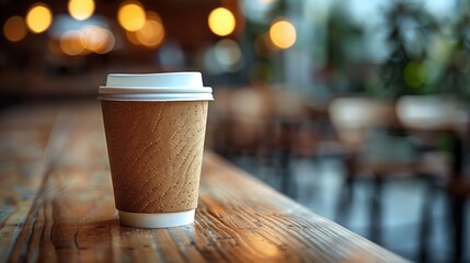 A disposable coffee cup sits on a wooden table in a coffee shop, with the interior of the cafe blurred in the background.