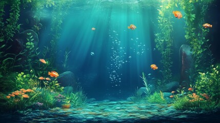 Underwater landscape with full of small fish illustration wide angle
