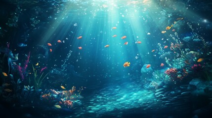 Underwater landscape with full of small fish illustration wide angle
