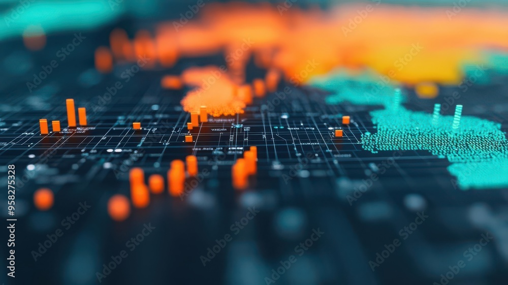 Poster Digital map with points marking important internet information, Internet Points Information, data-rich mapping, A vibrant digital world map showcasing data analytics through colorful visualizations 