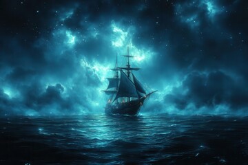 Fototapeta premium enchanted nocturnal voyage mystical sailing ship glides through starlit waters under a cosmic sky bioluminescent waves and ethereal mist create a dreamlike atmosphere of wonder and exploration