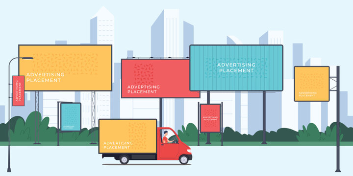 Advertising billboard carriers. Metal structures for advertising. Panorama of the city with places for advertising. Business promotion concept. Vector illustration