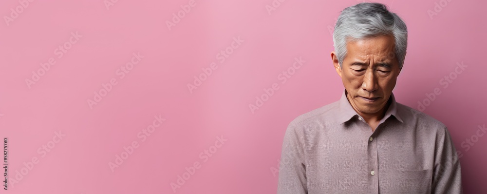 Wall mural pink background sad asian man. portrait of older mid-aged person beautiful bad mood expression boy i