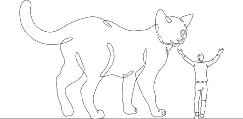 Continuous one line drawing giant cat with a small man. The man is afraid of the big cat. Animals are bigger than humans. One continuous line isolated minimal illustration.