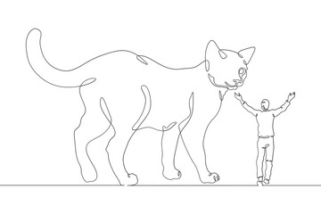 Continuous one line drawing giant cat with a small man. The man is afraid of the big cat. Animals are bigger than humans. One continuous line isolated minimal illustration.
