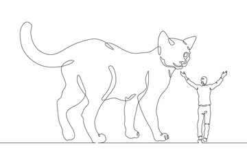 Continuous one line drawing giant cat with a small man. The man is afraid of the big cat. Animals are bigger than humans. One continuous line isolated minimal illustration.