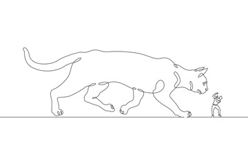 Continuous one line drawing giant cat with a small man. The man is afraid of the big cat. Animals are bigger than humans. One continuous line isolated minimal illustration.