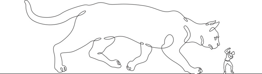 Continuous one line drawing giant cat with a small man. The man is afraid of the big cat. Animals are bigger than humans. One continuous line isolated minimal illustration.