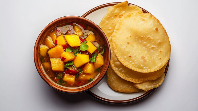 Indian breakfast aloo ki sabji with puri isolated on white background