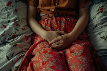 Calm Woman Resting in Bed with Floral Sheets and Red Skirt.