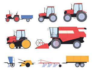 Agricultural transport. Farm machinery for tilling the harvest land. Tractors and their trailers. Vector illustration