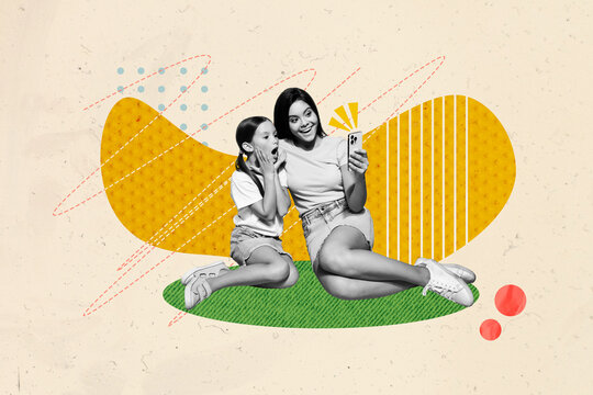 Composite trend artwork sketch image collage of family generation mother daughter sister together picnic hold smartphone blogger selfie - Powered by Adobe