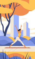 Fototapeta premium Woman practicing yoga outdoors in park with trees cityscape and nature background
