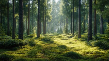 Obraz premium A serene forest scene with tall trees and lush green moss, illuminated by soft sunlight, creating a tranquil atmosphere.