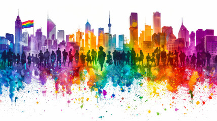 Diverse silhouette group with rainbow flag and city skyline