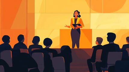 A woman confidently addressing an audience at a business conference