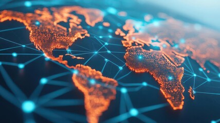 Digital map with points marking important internet information, Internet Points Information, Stylized world map with glowing network connections, showcasing global communication and technology.