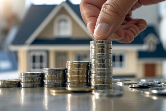 Una mano apila monedas frente a una casa modelo, lo que ilustra el impacto potencial de un aumento propuesto del impuesto a las ganancias de capital en la asequibilidad de la vivienda.