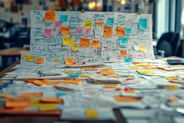 Sticky Notes Brainstorming: A cluttered desk covered in colorful sticky notes, each one filled with handwritten ideas and sketches, illustrating the chaotic yet creative process of brainstorming.  