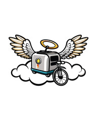 Create a surreal mashup of everyday objects like a toaster, bicycle wheel, and angel wings.