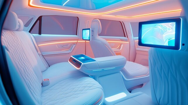 luxurious autonomous car interior with modern LED lighting and comfortable seating - Powered by Adobe