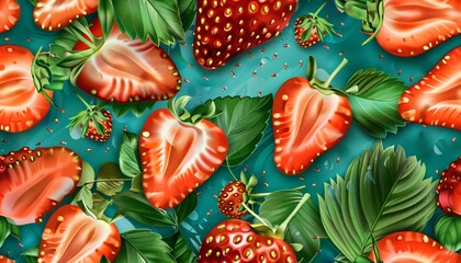 Vibrant Fresh Strawberries with Green Leaves on Aqua Background