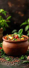 A vibrant pot filled with lentil stew topped with fresh herbs, showcasing the essence of wholesome, home-cooked meal.