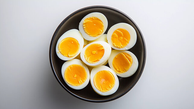 top view of boiled eggs in plate isolated on white background, ubla anda 