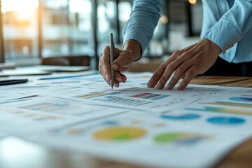 Naklejka premium Strategic Planning: A close-up photo of a professional analyzing data and charts on a desk, showcasing the meticulous detail and focus required for successful business strategy. The image evokes a se