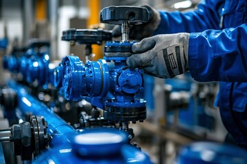 Obraz premium Worker adjusting industrial valve with blue piping