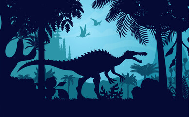 Spinosaurus dinosaur silhouette in mist jungle at night, prehistoric forest nature landscape vector background. Spinosaurus dinosaur, dimorphodon and tapejara dino animals, tree and plant silhouettes © Vector Tradition