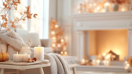 Cozy autumn interior decor, warm fireplace with soft furnishings and fall decorations.