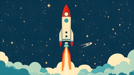 A flat design of a space rocket with a bold red, white, and blue palette